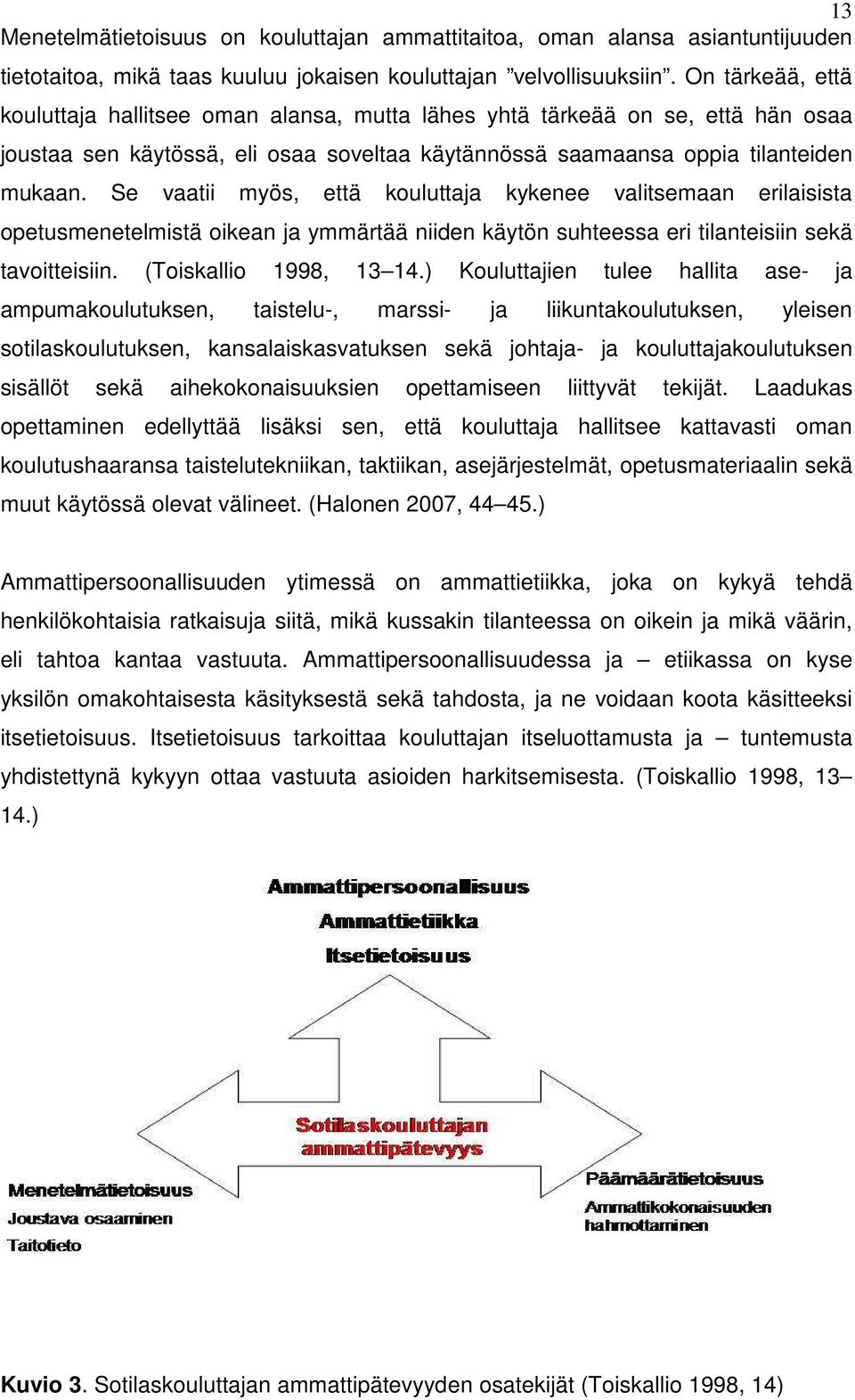 Se vaatii myös, että kouluttaja kykenee valitsemaan erilaisista opetusmenetelmistä oikean ja ymmärtää niiden käytön suhteessa eri tilanteisiin sekä tavoitteisiin. (Toiskallio 1998, 13 14.