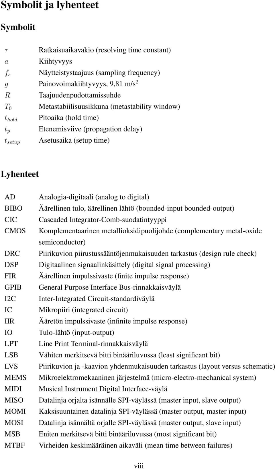 LPT LSB LVS MEMS MIDI MISO MOMI MOSI MSB MTBF Analogia-digitaali (analog to digital) Äärellinen tulo, äärellinen lähtö (bounded-input bounded-output) Cascaded Integrator-Comb-suodatintyyppi