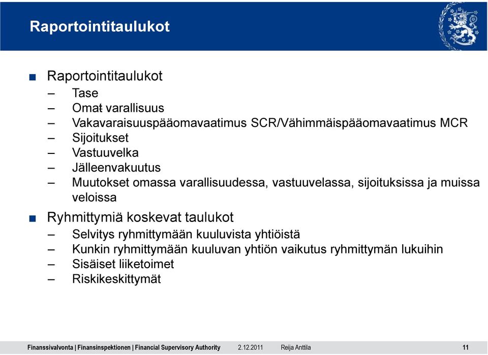 vastuuvelassa, sijoituksissa ja muissa veloissa Ryhmittymiä koskevat taulukot Selvitys ryhmittymään kuuluvista