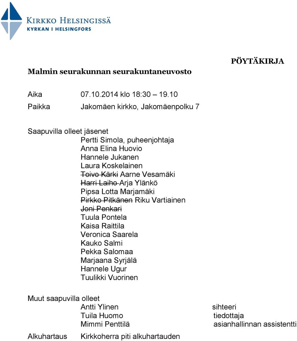 Toivo Kärki Aarne Vesamäki Harri Laiho Arja Ylänkö Pipsa Lotta Marjamäki Pirkko Pitkänen Riku Vartiainen Joni Penkari Tuula Pontela Kaisa Raittila