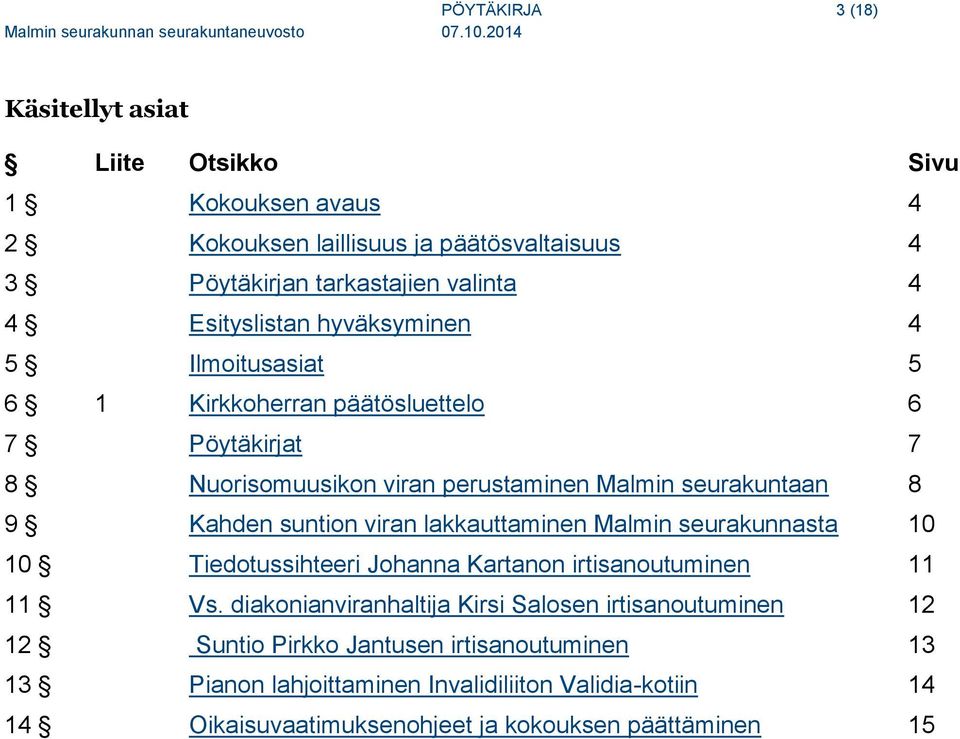 suntion viran lakkauttaminen Malmin seurakunnasta 10 10 Tiedotussihteeri Johanna Kartanon irtisanoutuminen 11 11 Vs.