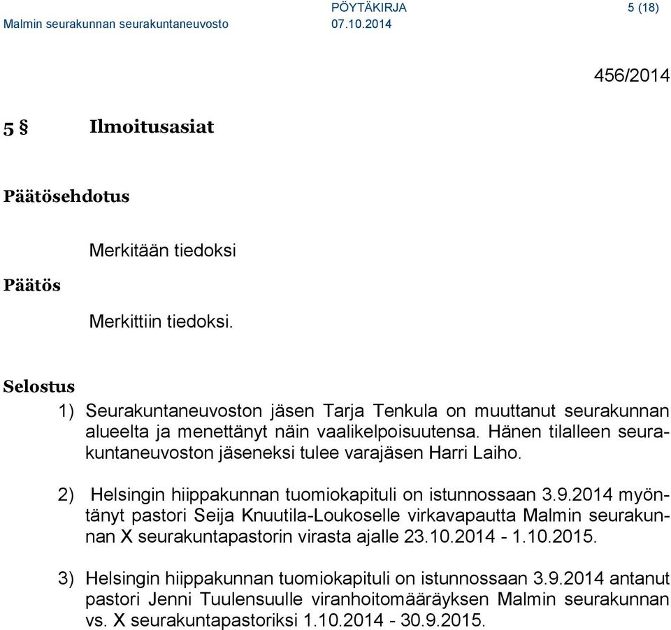 Hänen tilalleen seurakuntaneuvoston jäseneksi tulee varajäsen Harri Laiho. 2) Helsingin hiippakunnan tuomiokapituli on istunnossaan 3.9.