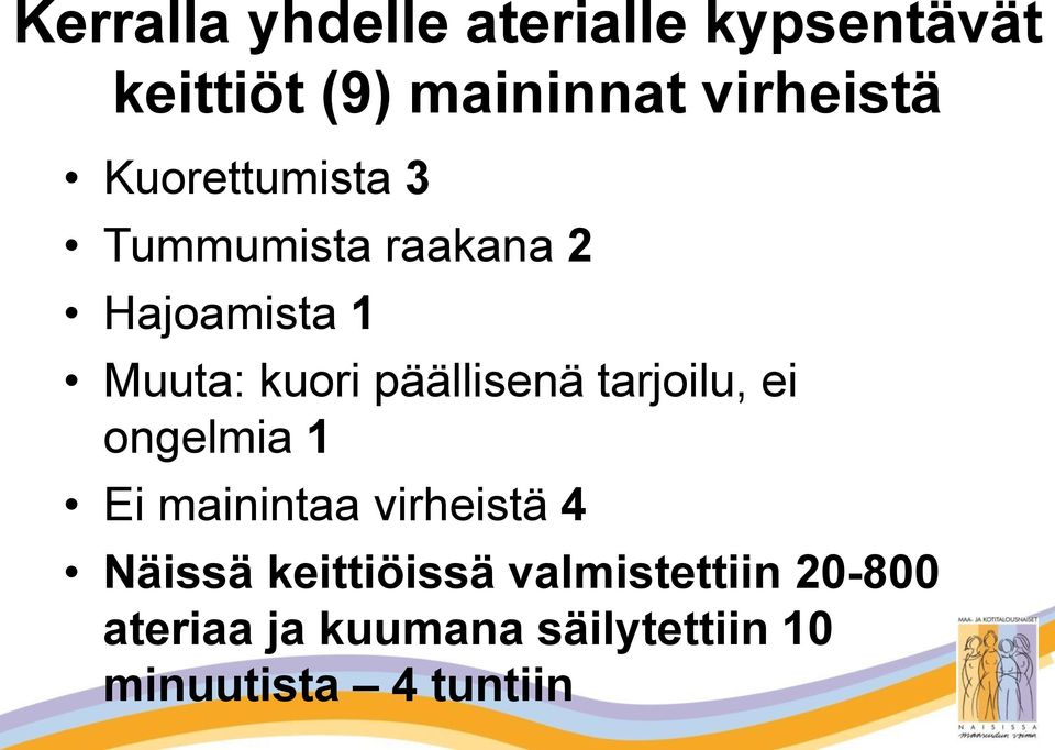 päällisenä tarjoilu, ei ongelmia 1 Ei mainintaa virheistä 4 Näissä