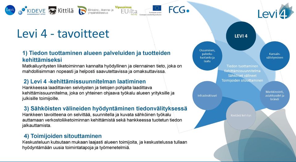 2) Levi 4 -kehittämissuunnitelman laatiminen Hankkeessa laadittavien selvitysten ja tietojen pohjalta laadittava kehittämissuunnitelma, joka on yhteinen ohjaava työkalu alueen yrityksille ja