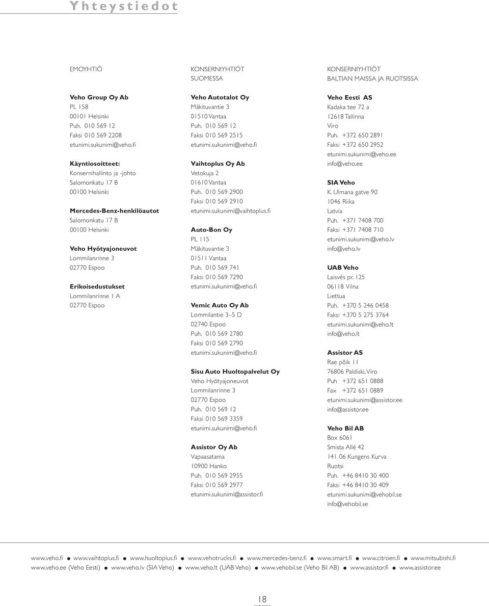 Erikoisedustukset Lommilanrinne 1 A 02770 Espoo Veho Autotalot Oy Mäkituvantie 3 01510 Vantaa Puh. 010 569 12 Faksi 010 569 2515 etunimi.sukunimi@veho.fi Vaihtoplus Oy Ab Vetokuja 2 01610 Vantaa Puh.