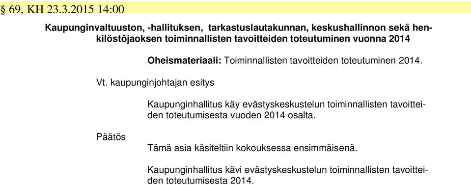 tavoitteiden toteutuminen vuonna 2014 Oheismateriaali: Toiminnallisten tavoitteiden toteutuminen 2014. Vt.