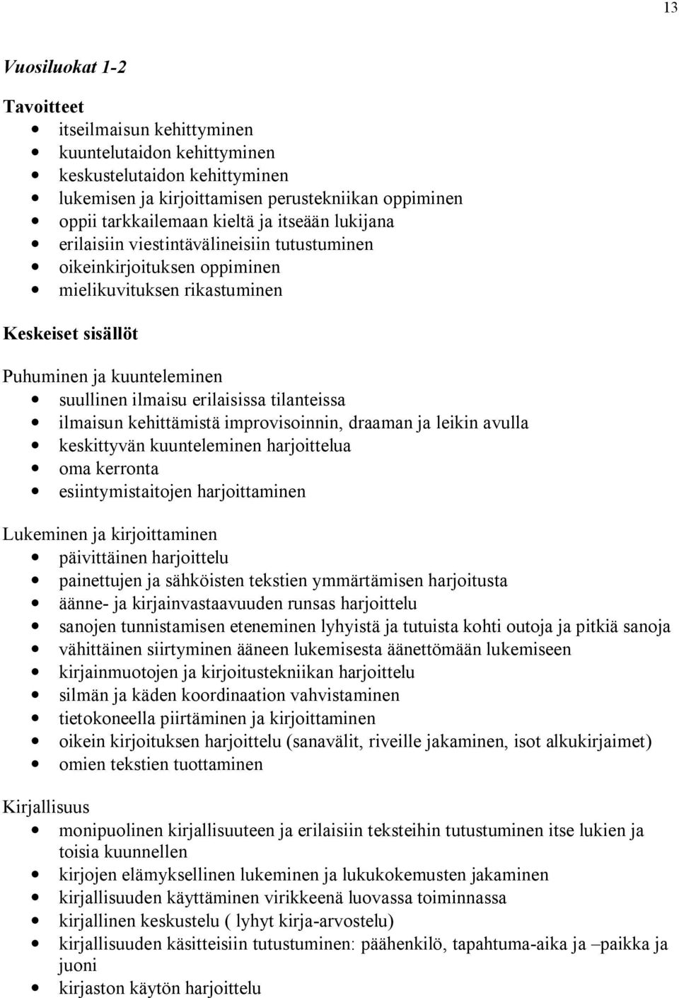 tilanteissa ilmaisun kehittämistä improvisoinnin, draaman ja leikin avulla keskittyvän kuunteleminen harjoittelua oma kerronta esiintymistaitojen harjoittaminen Lukeminen ja kirjoittaminen