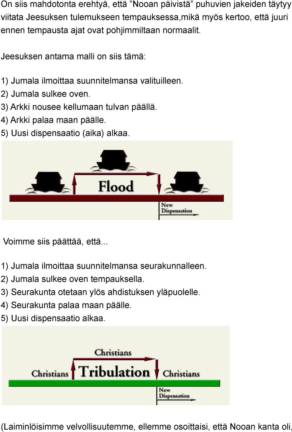 4) Arkki palaa maan päälle. 5) Uusi dispensaatio (aika) alkaa. Voimme siis päättää, että... 1) Jumala ilmoittaa suunnitelmansa seurakunnalleen. 2) Jumala sulkee oven tempauksella.