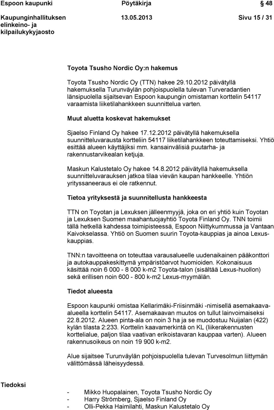 Muut aluetta koskevat hakemukset Sjaelso Finland Oy hakee 17.12.2012 päivätyllä hakemuksella suunnitteluvarausta kortteliin 54117 liiketilahankkeen toteuttamiseksi.