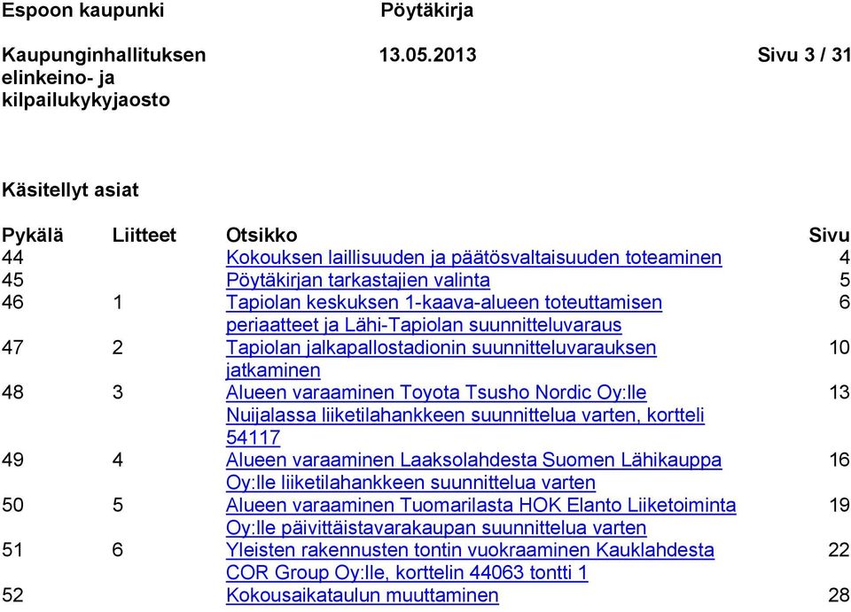 1-kaava-alueen toteuttamisen 6 periaatteet ja Lähi-Tapiolan suunnitteluvaraus 47 2 Tapiolan jalkapallostadionin suunnitteluvarauksen 10 jatkaminen 48 3 Alueen varaaminen Toyota Tsusho Nordic Oy:lle