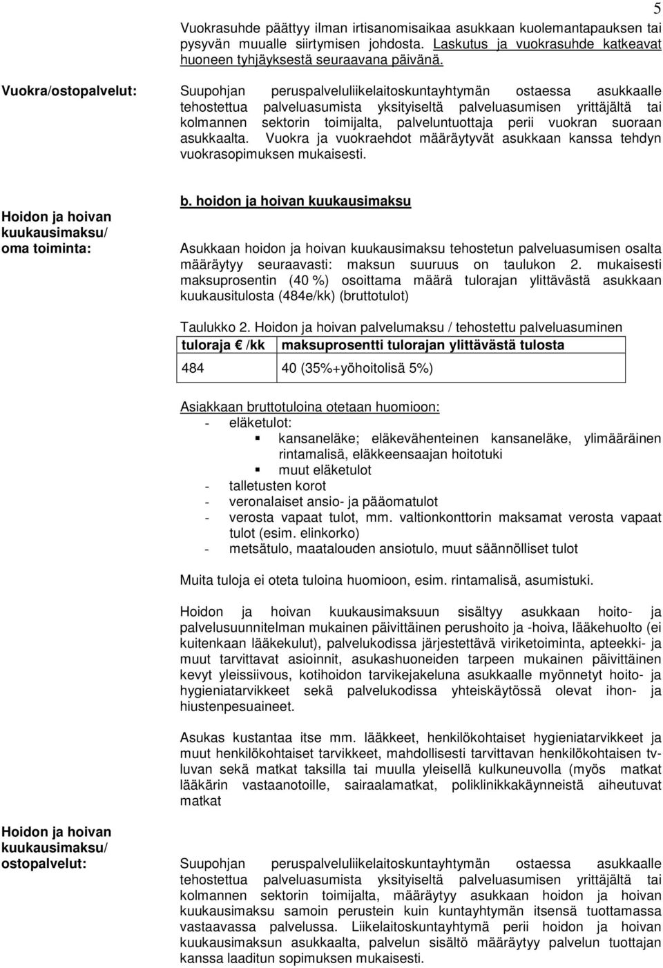 palveluntuottaja perii vuokran suoraan asukkaalta. Vuokra ja vuokraehdot määräytyvät asukkaan kanssa tehdyn vuokrasopimuksen mukaisesti. Hoidon ja hoivan kuukausimaksu/ oma toiminta: b.