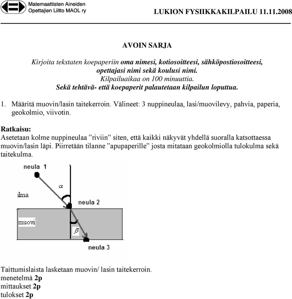 Välineet: 3 nuppineulaa, lasi/muovilevy, pahvia, paperia, geokolmio, viivotin.