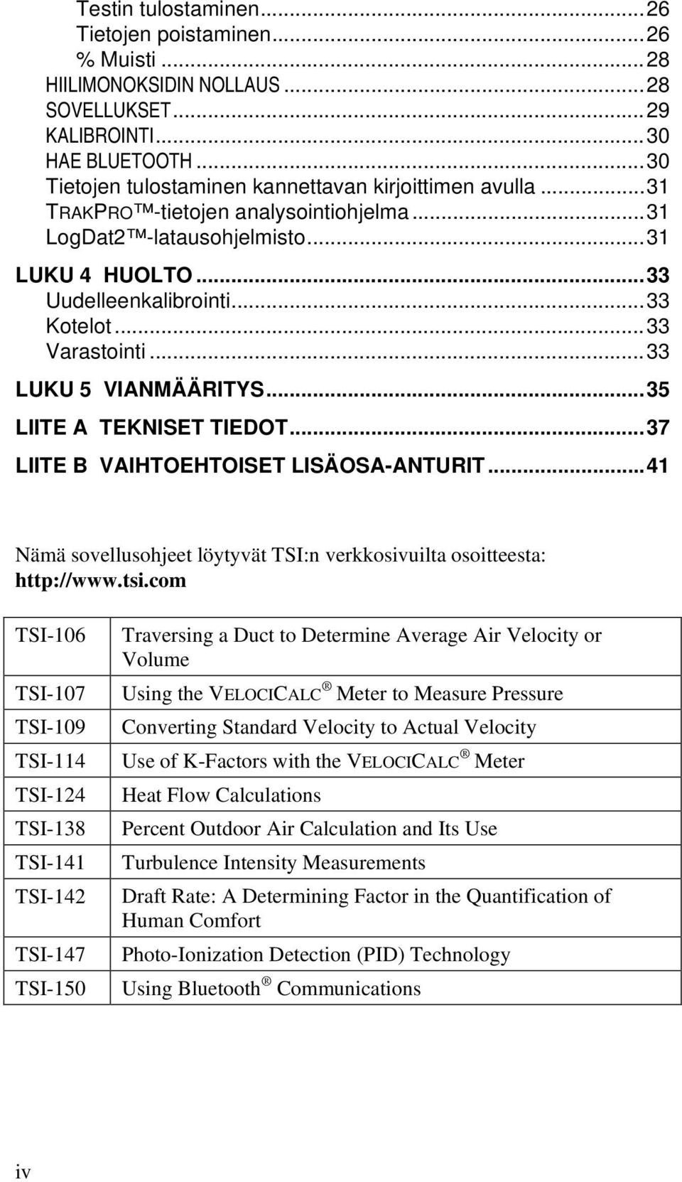 .. 33 Varastointi... 33 LUKU 5 VIANMÄÄRITYS... 35 LIITE A TEKNISET TIEDOT... 37 LIITE B VAIHTOEHTOISET LISÄOSA-ANTURIT... 41 Nämä sovellusohjeet löytyvät TSI:n verkkosivuilta osoitteesta: http://www.