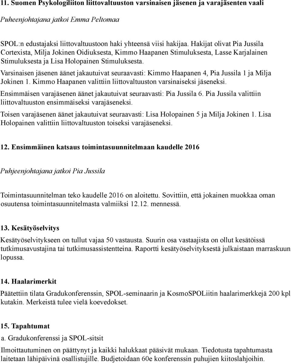 Varsinaisen jäsenen äänet jakautuivat seuraavasti: Kimmo Haapanen 4, Pia Jussila 1 ja Milja Jokinen 1. Kimmo Haapanen valittiin liittovaltuuston varsinaiseksi jäseneksi.