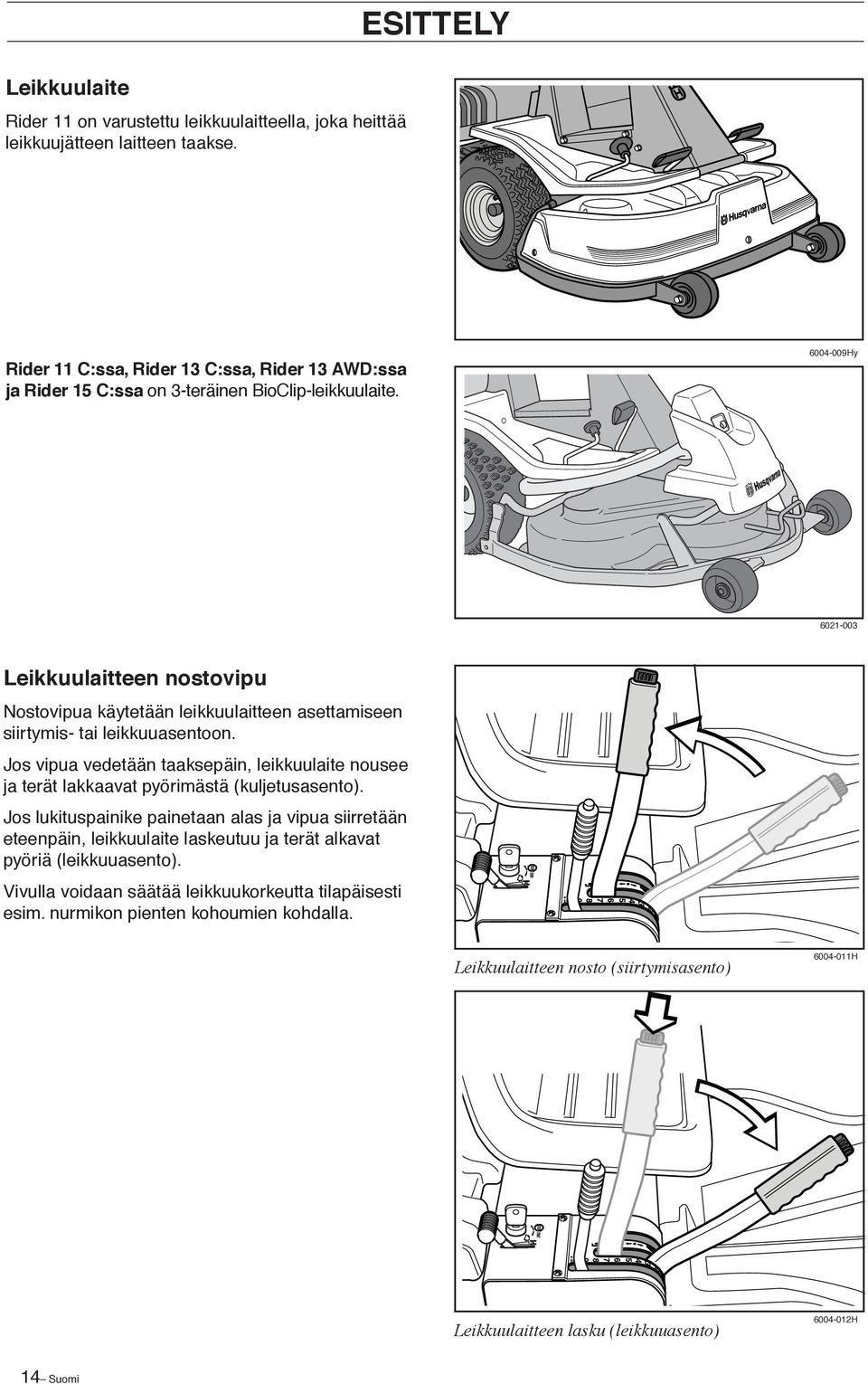 6004-009Hy 6021-003 Leikkuulaitteen nostovipu Nostovipua käytetään leikkuulaitteen asettamiseen siirtymis- tai leikkuuasentoon.