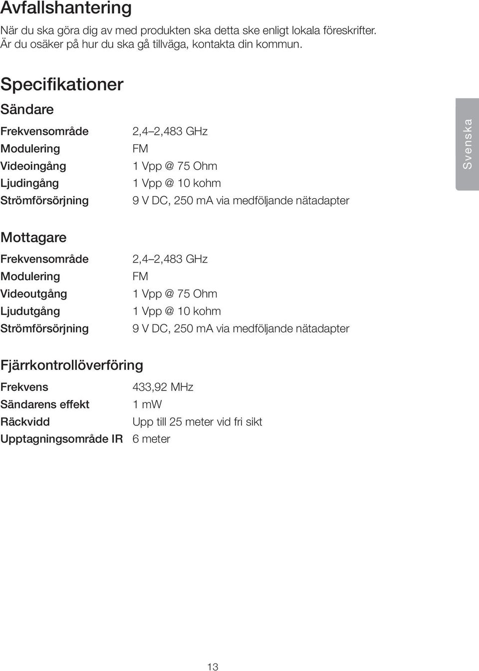 medföljande nätadapter Svenska Mottagare Frekvensområde Modulering Videoutgång judutgång Strömförsörjning 2,4 2,483 GHz FM 1 Vpp @ 75 Ohm 1 Vpp @ 10 kohm 9 V