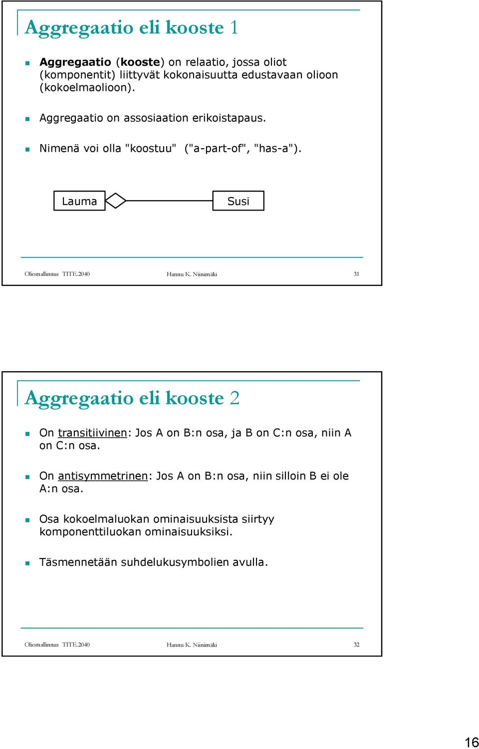 Niinimäki 31 Aggregaatio eli kooste 2 On transitiivinen: Jos A on B:n osa, ja B on C:n osa, niin A on C:n osa.