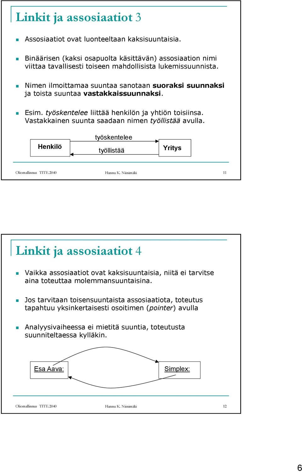Vastakkainen suunta saadaan nimen työllistää avulla. työskentelee työllistää Yritys Oliomallinnus TITE.2040 Hannu K.
