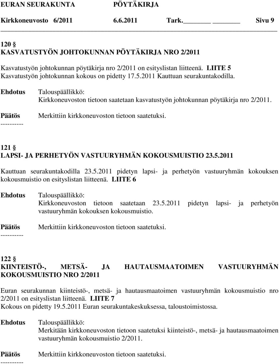 121 LAPSI- JA PERHETYÖN VASTUURYHMÄN KOKOUSMUISTIO 23.5.2011 Kauttuan seurakuntakodilla 23.5.2011 pidetyn lapsi- ja perhetyön vastuuryhmän kokouksen kokousmuistio on esityslistan liitteenä.