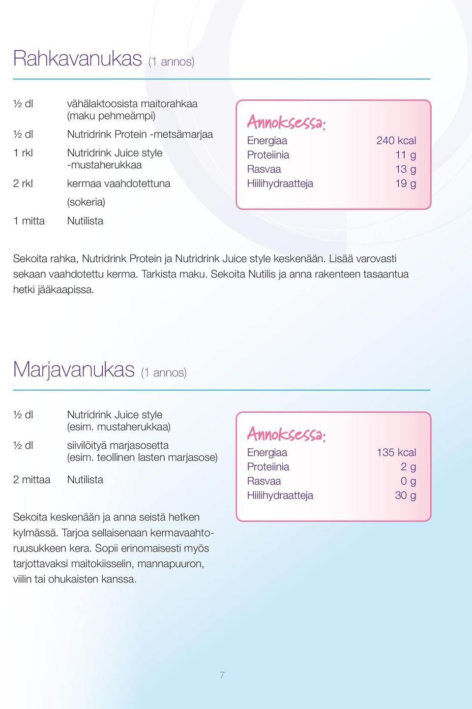 Sekoita Nutilis ja anna rakenteen tasaantua hetki jääkaapissa. Marjavanukas (1 annos) 2 mittaa Nutilista Nutridrink Juice style (esim. mustaherukkaa) siivilöityä marjasosetta (esim.