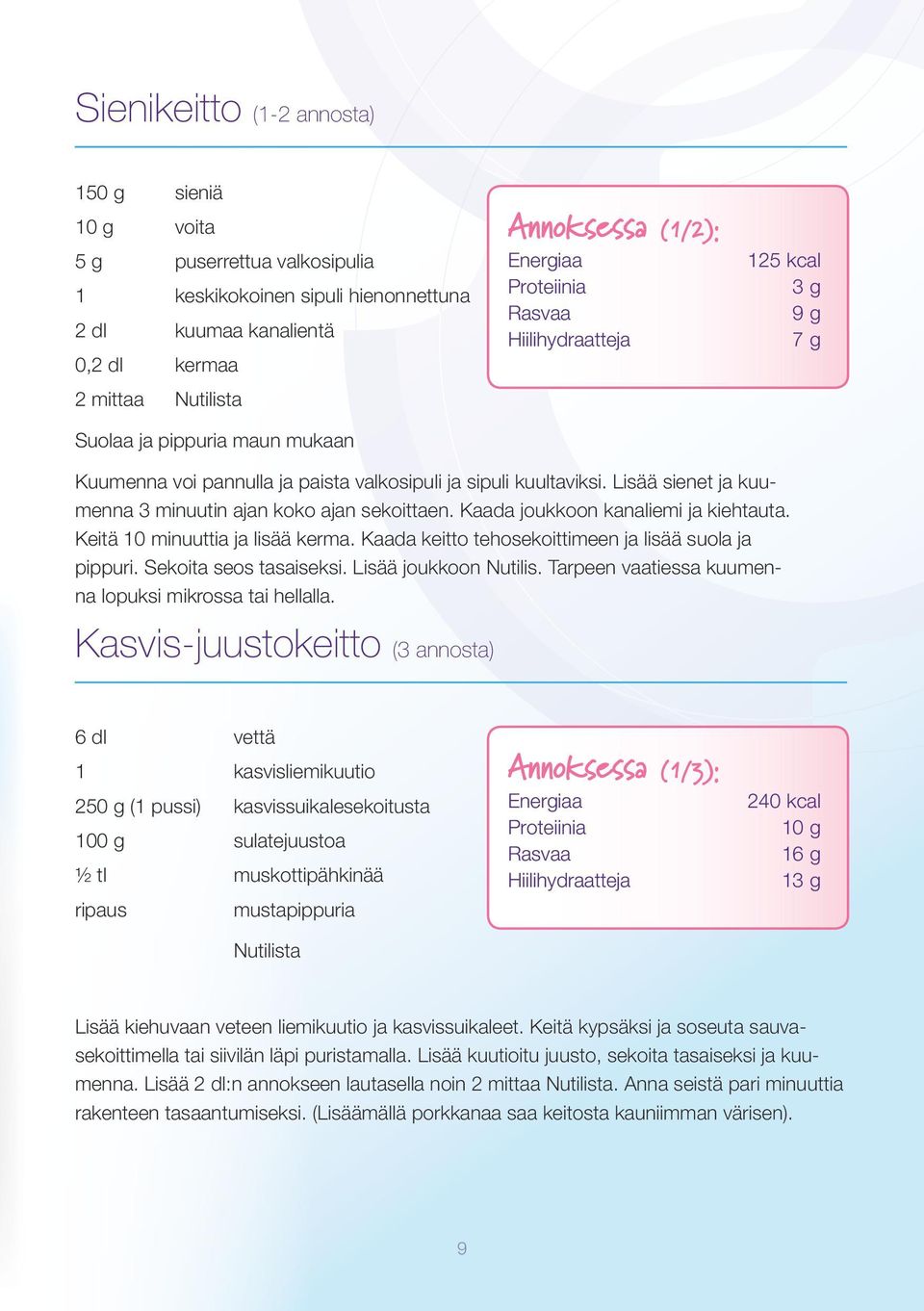 Kaada joukkoon kanaliemi ja kiehtauta. Keitä 10 minuuttia ja lisää kerma. Kaada keitto tehosekoittimeen ja lisää suola ja pippuri. Sekoita seos tasaiseksi. Lisää joukkoon Nutilis.