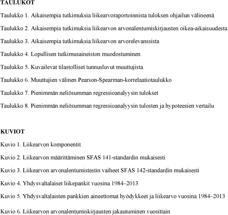 Muuttujien välinen Pearson-Spearman-korrelaatiotaulukko Taulukko 7. Pienimmän neliösumman regressioanalyysin tulokset Taulukko 8.