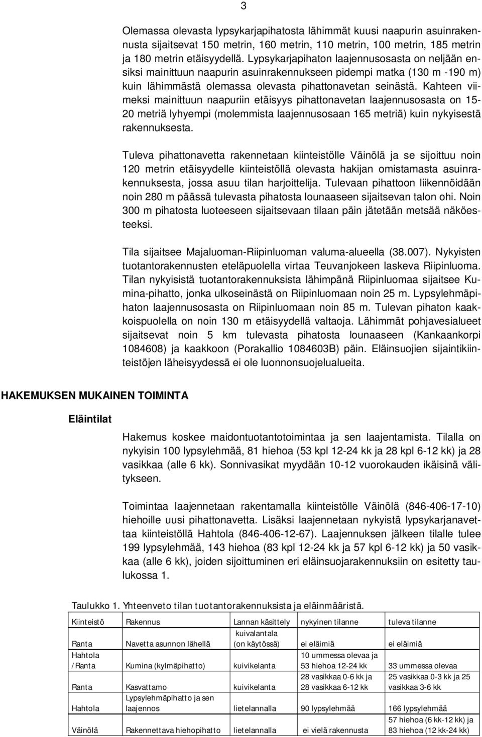 Kahteen viimeksi mainittuun naapuriin etäisyys pihattonavetan laajennusosasta on 15-20 metriä lyhyempi (molemmista laajennusosaan 165 metriä) kuin nykyisestä rakennuksesta.