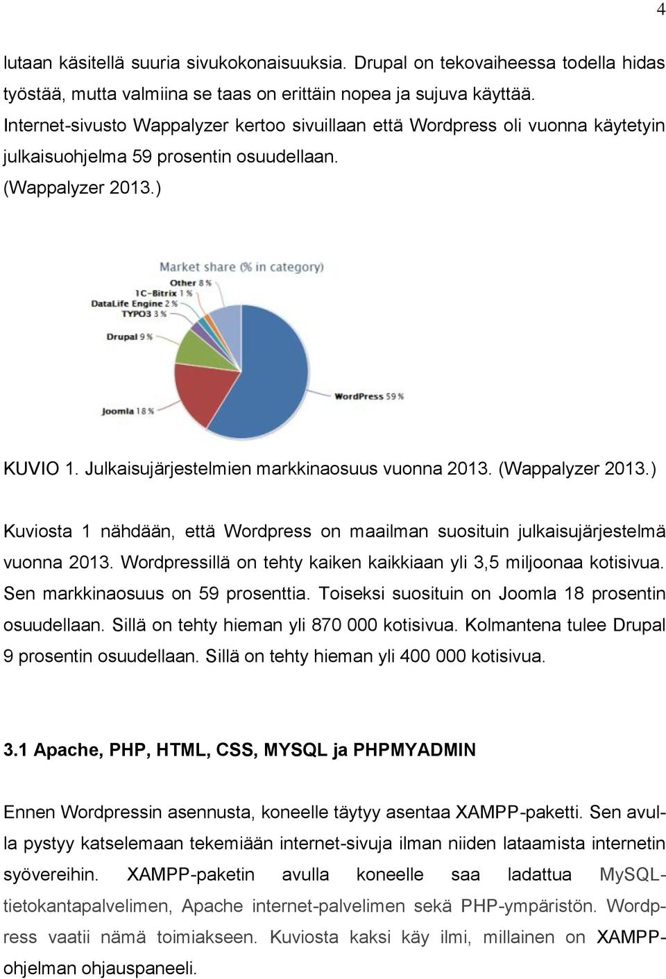 (Wappalyzer 2013.) Kuviosta 1 nähdään, että Wordpress on maailman suosituin julkaisujärjestelmä vuonna 2013. Wordpressillä on tehty kaiken kaikkiaan yli 3,5 miljoonaa kotisivua.