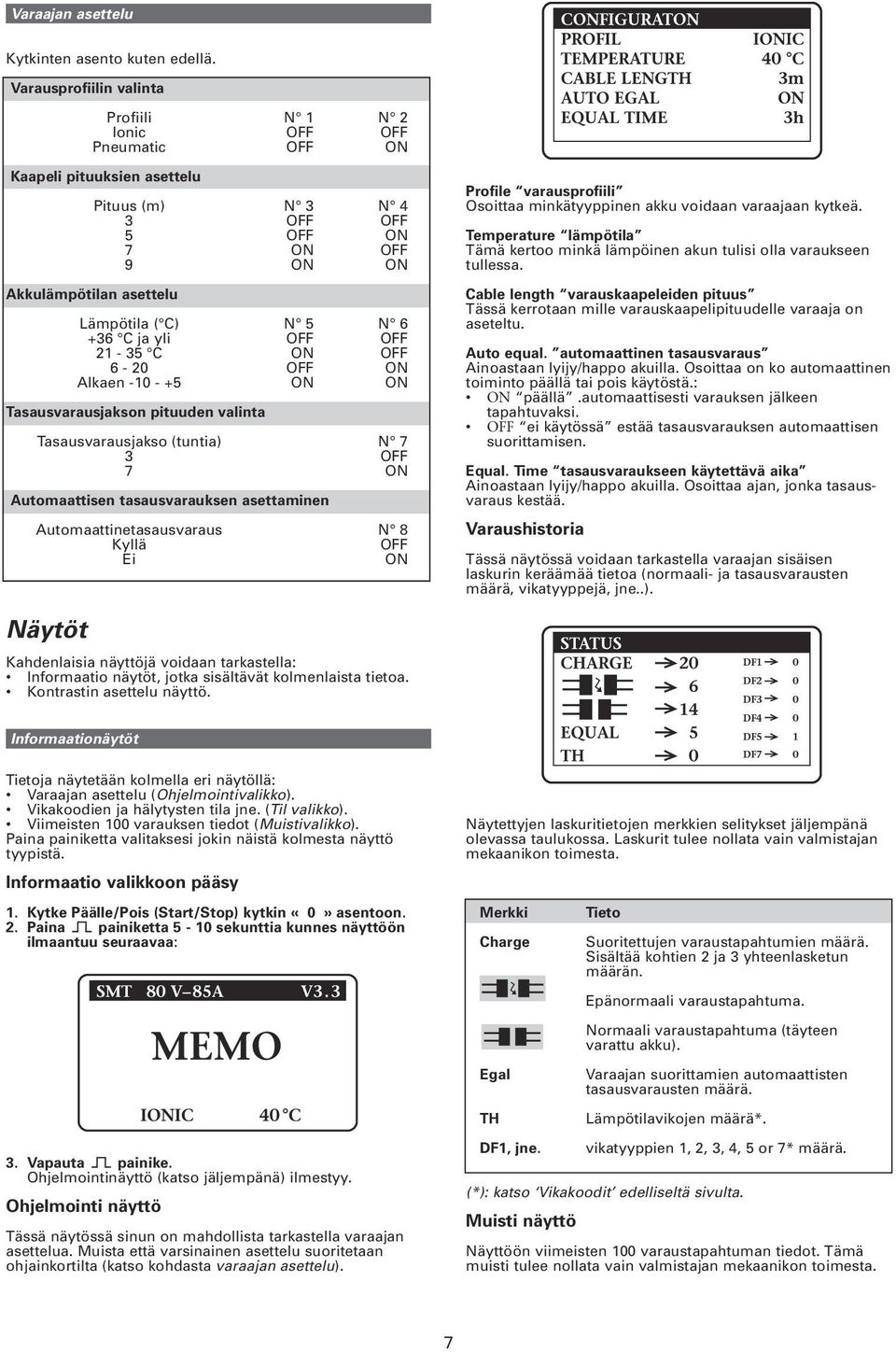 OFF OFF - C ON OFF 6-0 OFF ON Alkaen -0 - + ON ON Tasausvarausjakson pituuden valinta Tasausvarausjakso (tuntia) N 7 OFF 7 ON Automaattisen tasausvarauksen asettaminen Automaattinetasausvaraus N 8