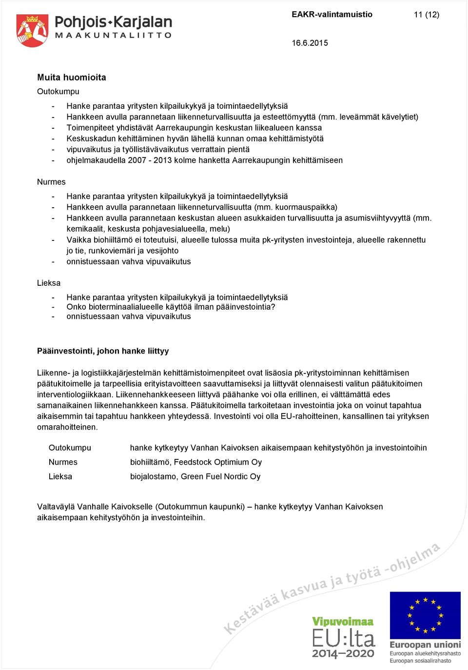 verrattain pientä - ohjelmakaudella 2007-2013 kolme hanketta Aarrekaupungin kehittämiseen Nurmes Lieksa - Hanke parantaa yritysten kilpailukykyä ja toimintaedellytyksiä - Hankkeen avulla parannetaan