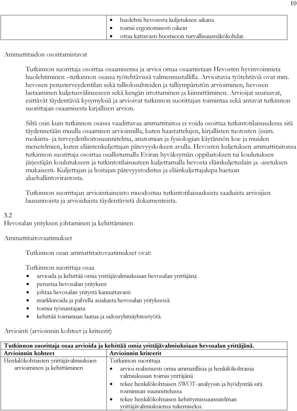 hevosen perusterveydentilan sekä talliolosuhteiden ja talliympäristön arvioiminen, hevosen lastaaminen kuljetusvälineeseen sekä kengän irrottaminen ja kiinnittäminen.