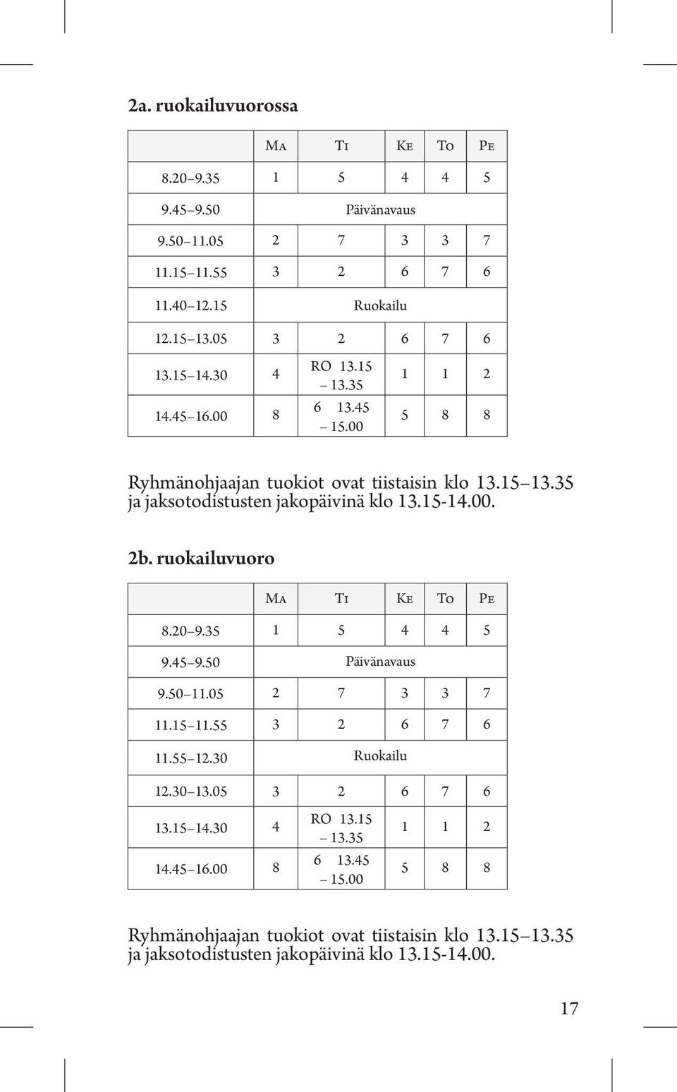 ruokailuvuoro Ma Ti Ke To Pe 8.20 9.35 1 5 4 4 5 9.45 9.50 Päivänavaus 9.50 11.05 2 7 3 3 7 11.15 11.55 3 2 6 7 6 11.55 12.30 Ruokailu 12.30 13.05 3 2 6 7 6 13.15 14.