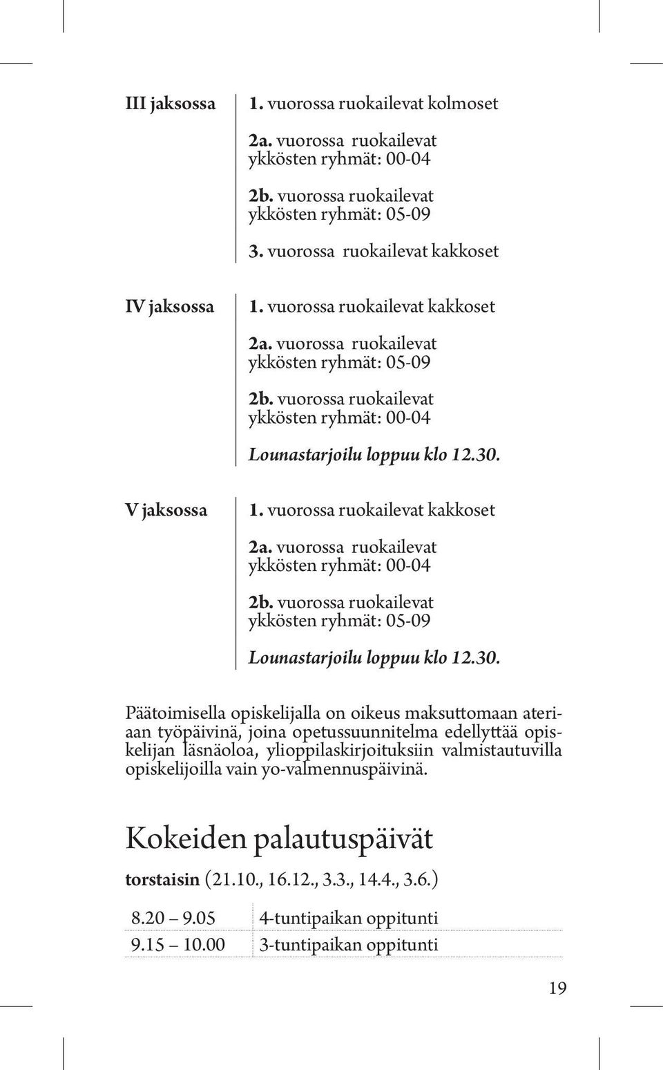 vuorossa ruokailevat ykkösten ryhmät: 00-04 2b. vuorossa ruokailevat ykkösten ryhmät: 05-09 Lounastarjoilu loppuu klo 12.30.