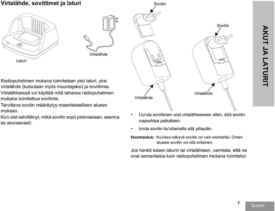 Kun olet selvittänyt, mikä sovitin sopii pistorasiaan, asenna se seuraavasti: Virtalähde PUSH Virtalähde Sovitin Liu'uta sovittimen urat virtalähteeseen siten, että sovitin napsahtaa paikalleen.