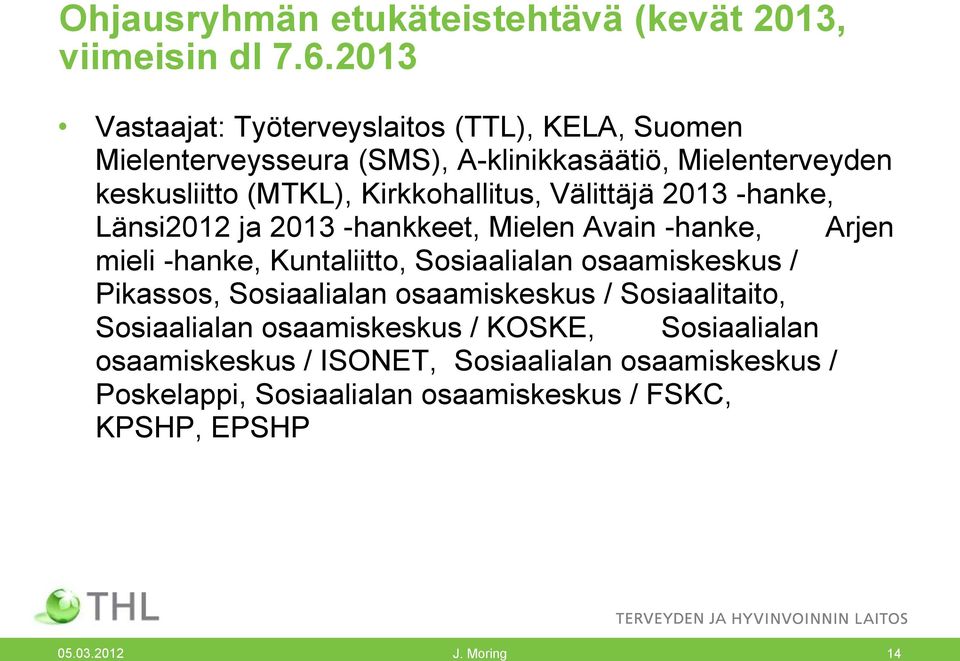 Kirkkohallitus, Välittäjä 2013 -hanke, Länsi2012 ja 2013 -hankkeet, Mielen Avain -hanke, Arjen mieli -hanke, Kuntaliitto, Sosiaalialan