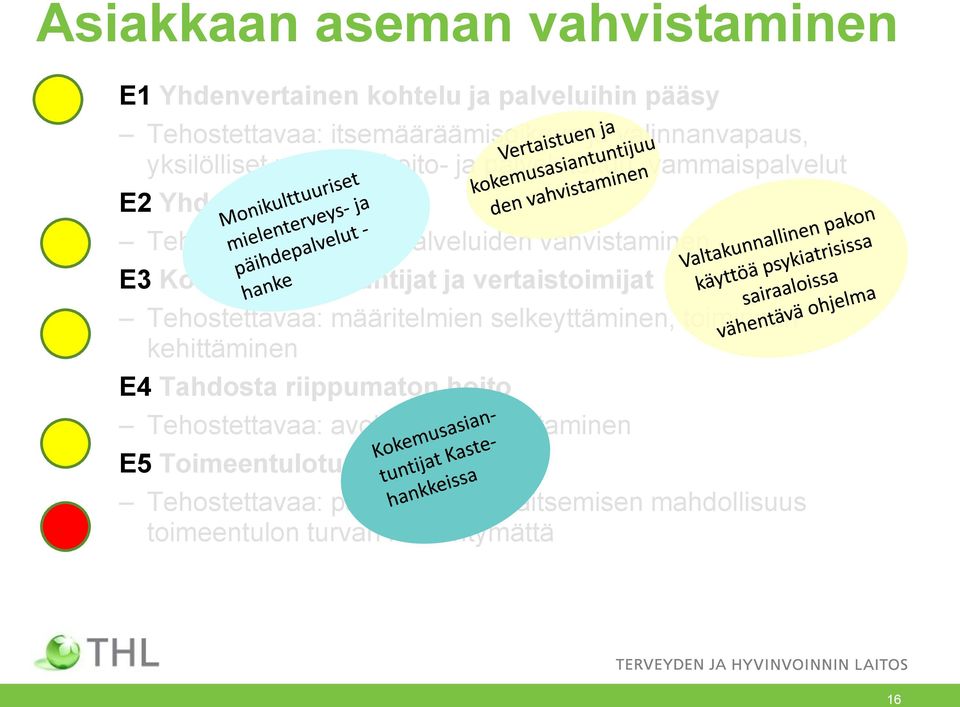 Kokemusasiantuntijat ja vertaistoimijat Tehostettavaa: määritelmien selkeyttäminen, toiminnan kehittäminen E4 Tahdosta riippumaton hoito