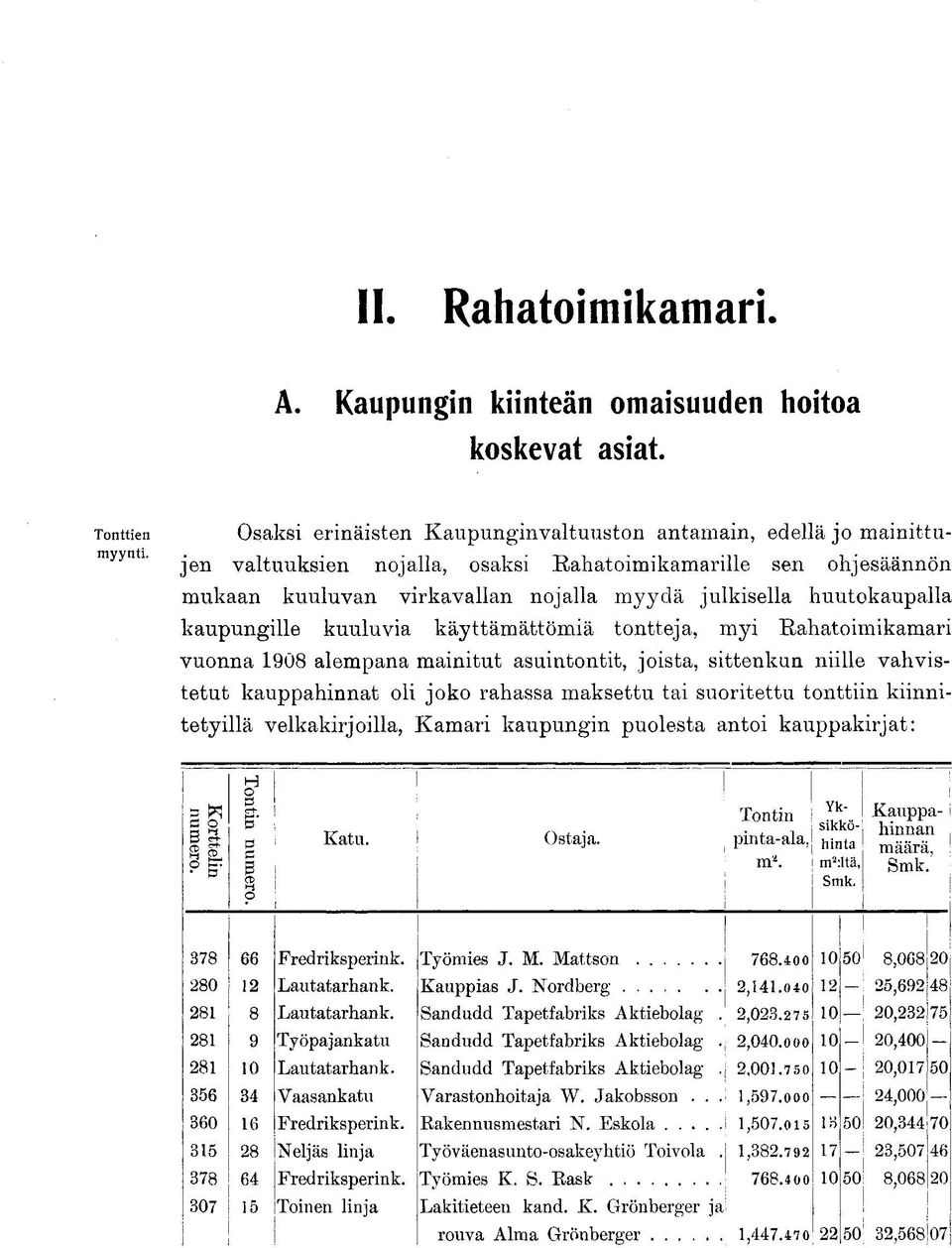 vuonna 1908 alempana mainitut asuintontit, joista, sittenkun niille vahvistetut kauppahinnat oli joko rahassa maksettu tai suoritettu tonttiin kiinnitetyillä velkakirjoilla, Kamari kaupungin puolesta