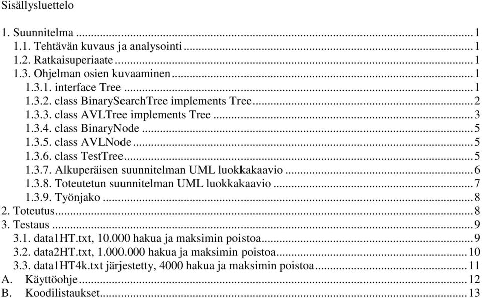 3.8. Toteutetun suunnitelman UML luokkakaavio...7 1.3.9. Työnjako...8 2. Toteutus...8 3. Testaus...9 3.1. data1ht.txt, 10.000 hakua ja maksimin poistoa...9 3.2. data2ht.txt, 1.000.000 hakua ja maksimin poistoa...10 3.