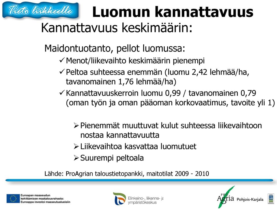 tavanomainen 0,79 (oman työn ja oman pääoman korkovaatimus, tavoite yli 1) Pienemmät muuttuvat kulut suhteessa