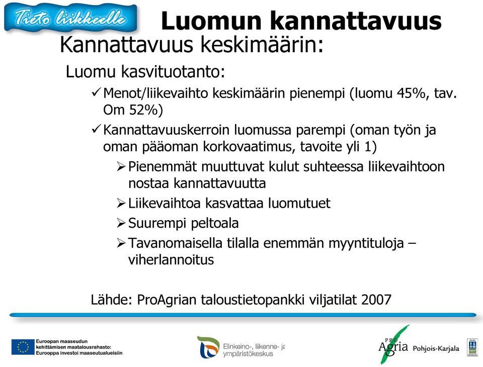 Om 52%) Kannattavuuskerroin luomussa parempi (oman työn ja oman pääoman korkovaatimus, tavoite yli 1) Pienemmät