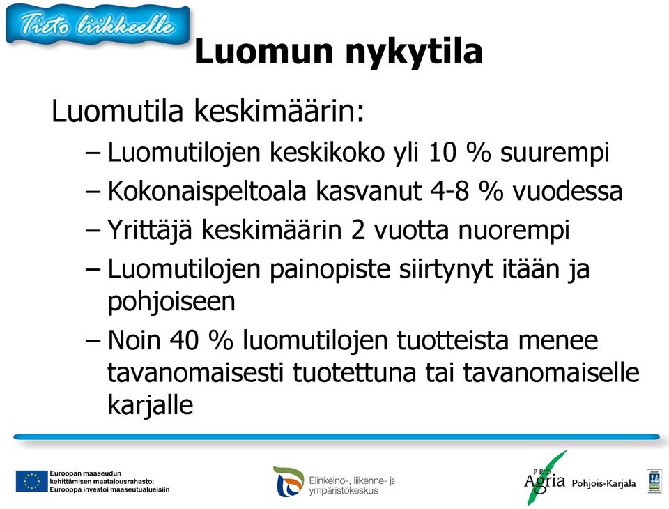 vuotta nuorempi Luomutilojen painopiste siirtynyt itään ja pohjoiseen Noin