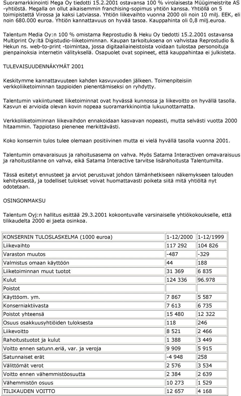 euroa. Talentum Media Oy:n 100 % omistama Reprostudio & Heku Oy tiedotti 15.2.2001 ostavansa Multiprint Oy:ltä Digistudio-liiketoiminnan. Kaupan tarkoituksena on vahvistaa Reprostudio & Hekun ns.