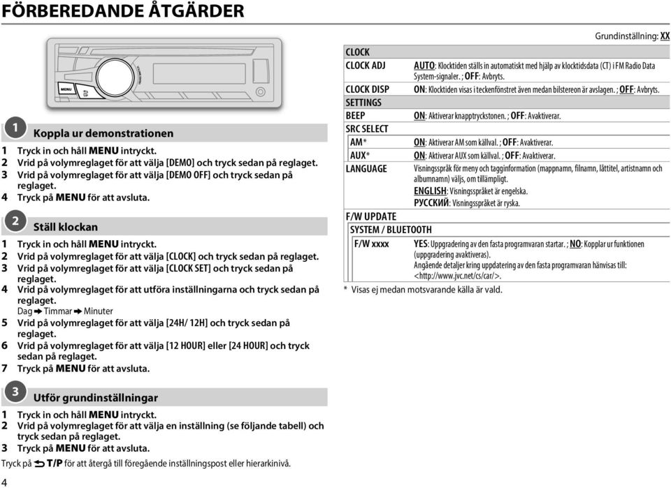 2 Vrid på volymreglaget för att välja [CLOCK] och tryck sedan på reglaget. 3 Vrid på volymreglaget för att välja [CLOCK SET] och tryck sedan på reglaget.