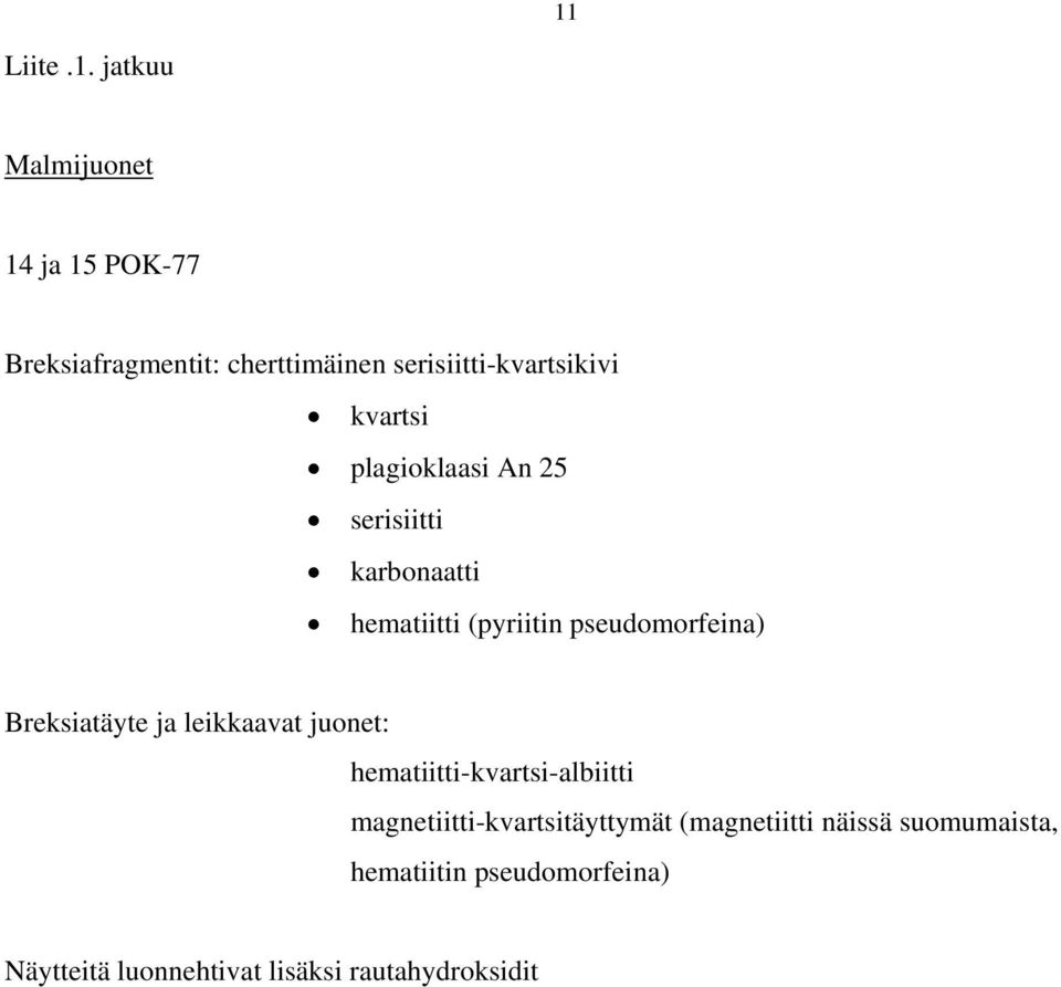 pseudomorfeina) Breksiatäyte ja leikkaavat juonet: hematiitti-kvartsi-albiitti