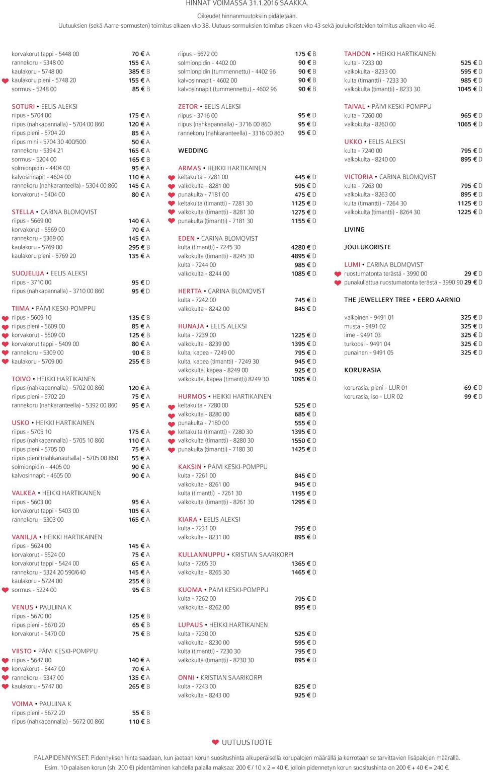 korvakorut tappi - 5448 00 rannekoru - 5348 00 kaulakoru - 5748 00 kaulakoru pieni - 5748 20 sormus - 5248 00 70 A 155 A 385 B 155 A 85 B riipus - 5672 00 solmionpidin - 4402 00 solmionpidin