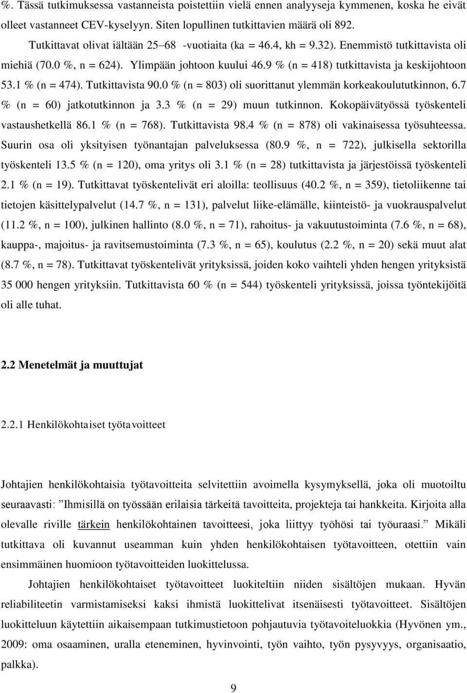 1 % (n = 474). Tutkittavista 90.0 % (n = 803) oli suorittanut ylemmän korkeakoulututkinnon, 6.7 % (n = 60) jatkotutkinnon ja 3.3 % (n = 29) muun tutkinnon.