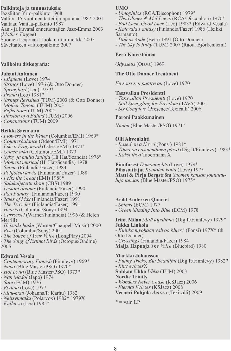 1979* - Prana (Leo) 1981* - Strings Revisited (TUM) 2003 (& Otto Donner) - Mother Tongue (TUM) 2003 - Reflections (TUM) 2004 - Illusion of a Ballad (TUM) 2006 - Conclusions (TUM) 2009 Heikki Sarmanto