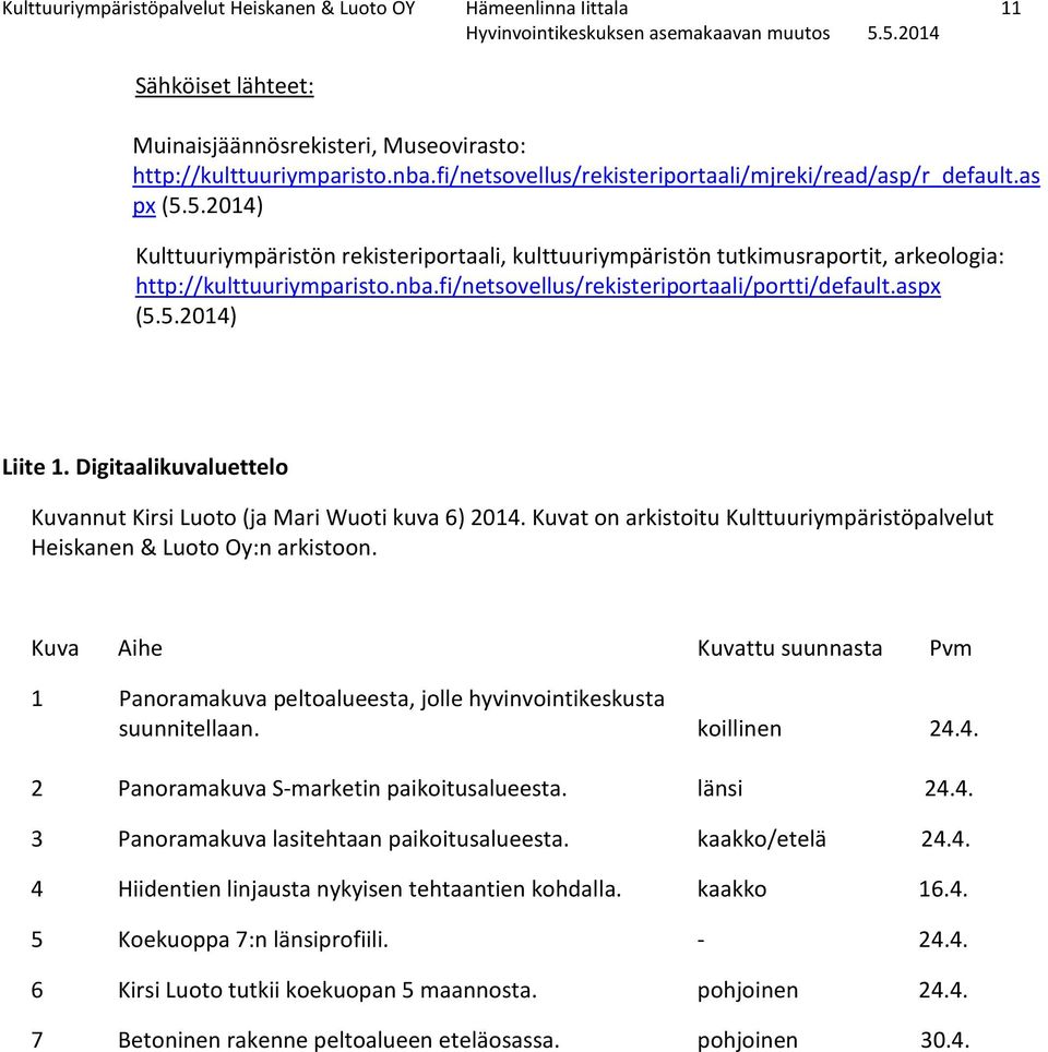 fi/netsovellus/rekisteriportaali/portti/default.aspx (5.5.2014) Liite 1. Digitaalikuvaluettelo Kuvannut Kirsi Luoto (ja Mari Wuoti kuva 6) 2014.