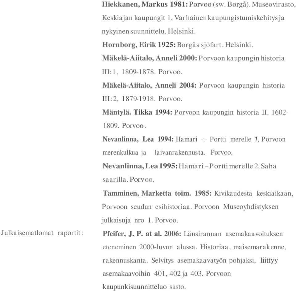 Porvoo. Mäntylä. Tikka 1994: Porvoon kaupungin historia II, 1602-1809. Porvoo. Nevanlinna, Lea 1994: Hamari -;- Portti merelle 1, Porvoon merenkulkua ja laivanrakennusta. Porvoo. Nevanlinna, Lea 1995: Hamari - Portti merelle 2, Saha saarilla.