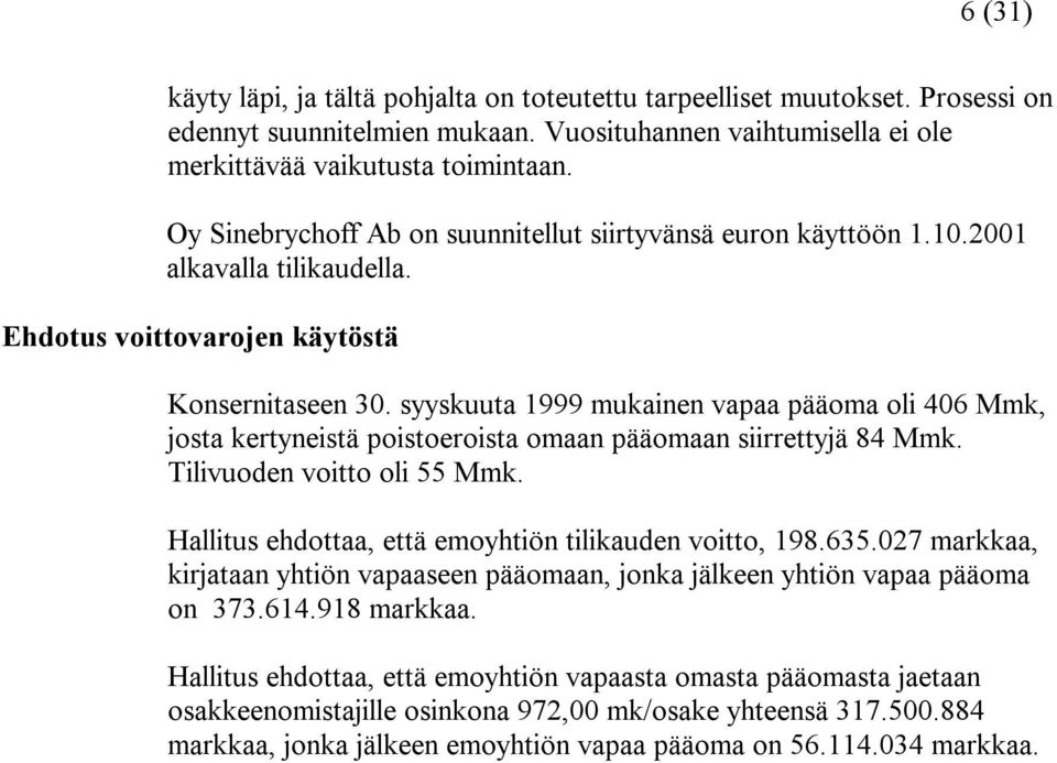 syyskuuta 1999 mukainen vapaa pääoma oli 406 Mmk, josta kertyneistä poistoeroista omaan pääomaan siirrettyjä 84 Mmk. Tilivuoden voitto oli 55 Mmk.
